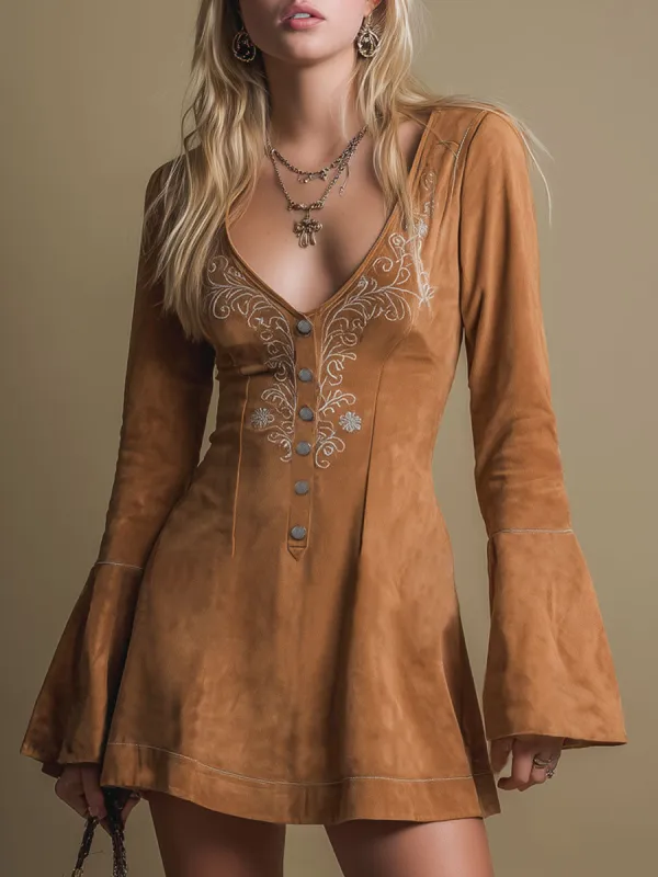 V-neck Button-up Vintage Embroidered Faux Suede Long-sleeved Mini Dress sold by Oyrosy