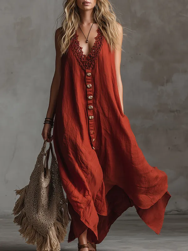 Vintage And Charming Red Cotton And Linen Sleeveless Maxi Dress sold by Oyrosy