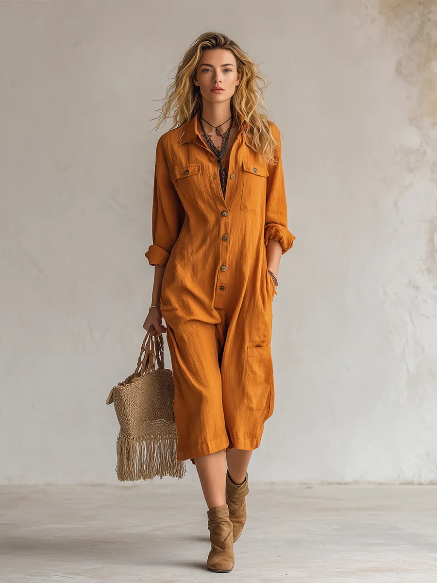 Casual And Stylish Orange Cotton And Linen Three-quarter Length Jumpsuit sold by Oyrosy product image thumbnail 2