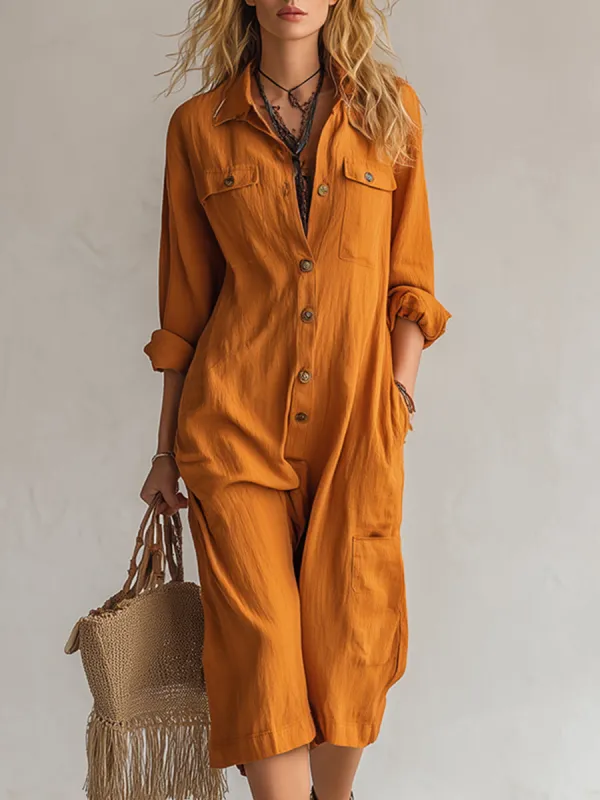 Casual And Stylish Orange Cotton And Linen Three-quarter Length Jumpsuit made by Oyrosy