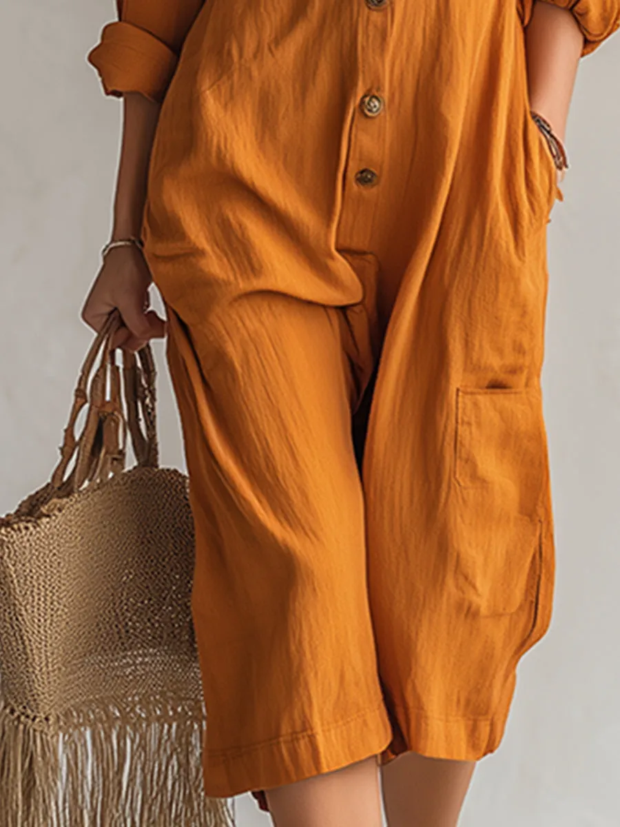 Casual And Stylish Orange Cotton And Linen Three-quarter Length Jumpsuit sold by Oyrosy product image thumbnail 4