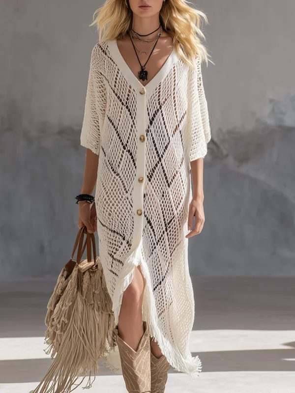Elegant And Casual White Mesh Knit Cardigan-style Midi Dress sold by Oyrosy