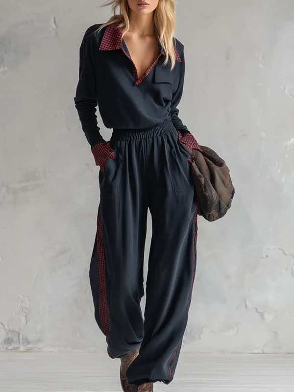 Stylish And Sporty Color-blocked Plaid Trim Navy Cotton Sweatshirt And Wide-leg Pants Set sold by Oyrosy