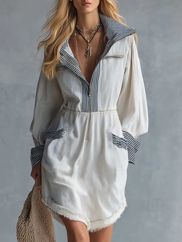 Stylish And Unique Color-blocked Striped White Faux Denim Mini Dress sold by Oyrosy