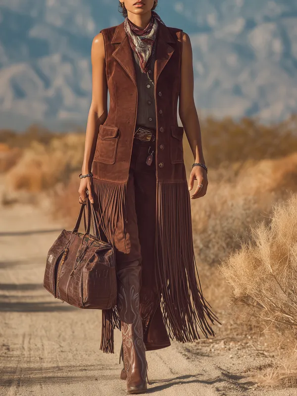 Stylish Western-style Brown Faux Suede Fringed Mid-length Vest sold by Oyrosy