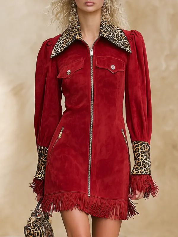 Western-style Leopard Print Lapel Fringed Red Faux Suede Mini Dress sold by Oyrosy