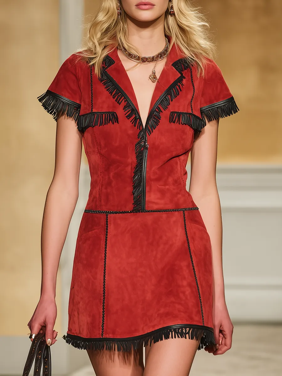 Stylish Western-style Black Leather Fringed Red Faux Suede Short-sleeved Mini Dress sold by Oyrosy