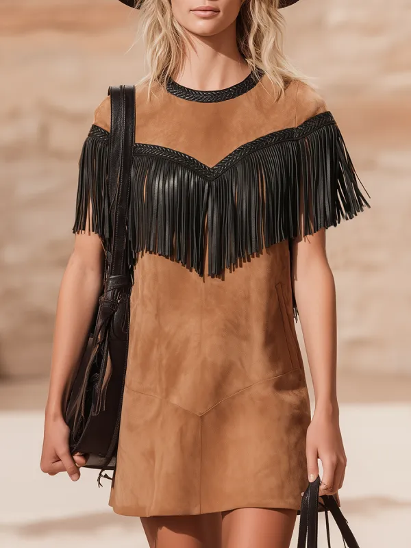Western-style Black Leather Strap And Fringe Faux Suede Mini Dress sold by Oyrosy