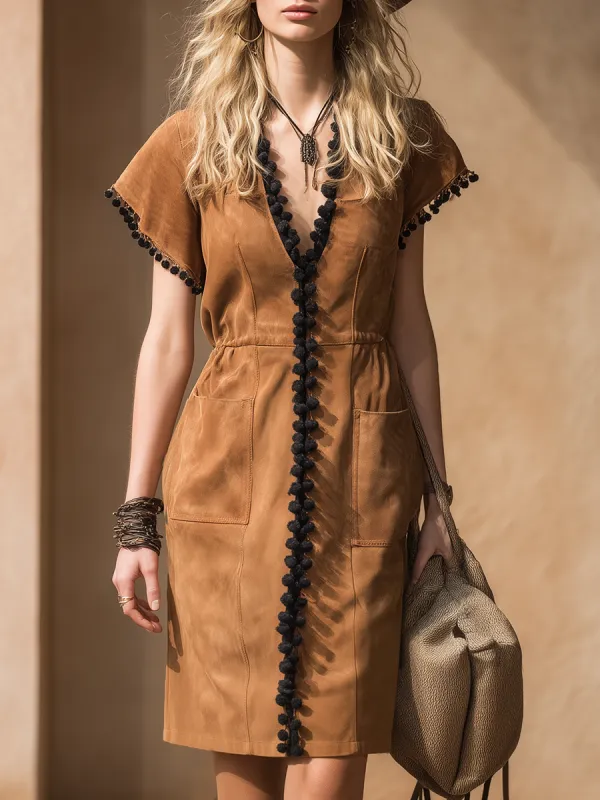 Western-style Black Pom-pom Trim Short-sleeved Faux Suede Mini Dress sold by Oyrosy