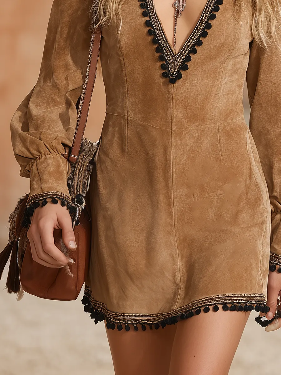 Western-style Black Pom-pom Trim Long-sleeved Faux Suede Mini Dress sold by Oyrosy product image thumbnail 4