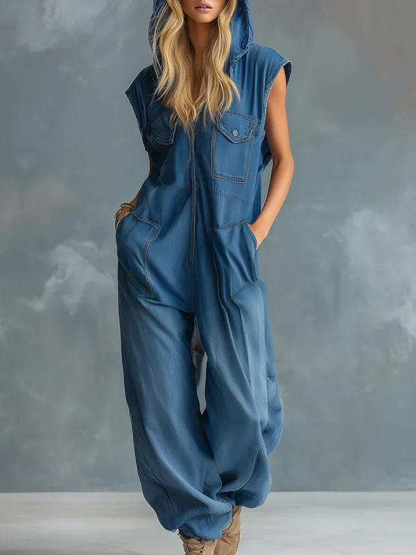 Casual And Stylish Blue Denim Hooded Sleeveless Wide-leg Jumpsuit sold by Oyrosy