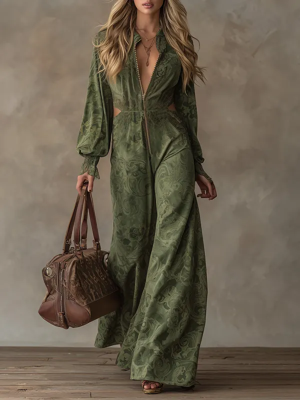 Retro Western Style Green Printed Front-zip Faux Suede Jumpsuit made by Oyrosy