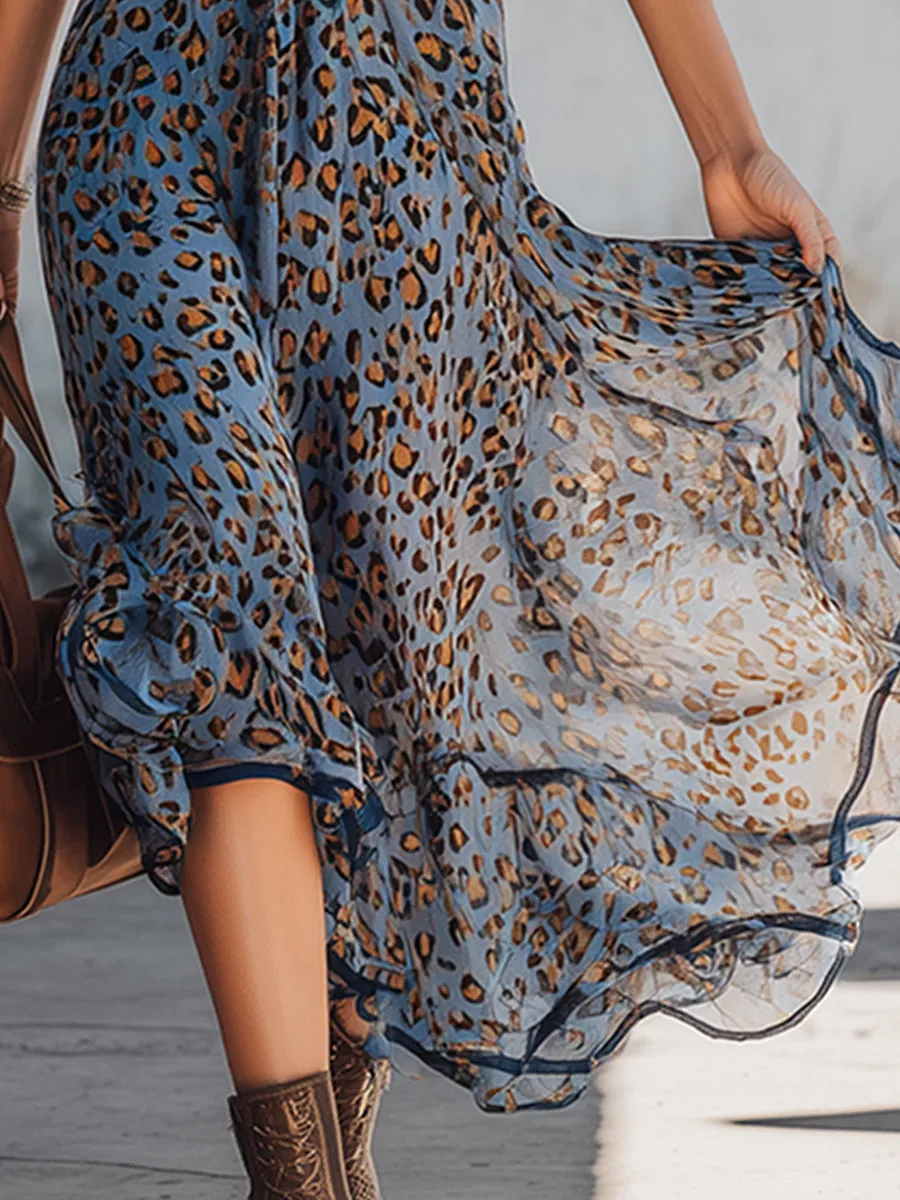 Stylish Retro Blue Leopard Print Chiffon Midi Dress sold by Oyrosy product image thumbnail 4