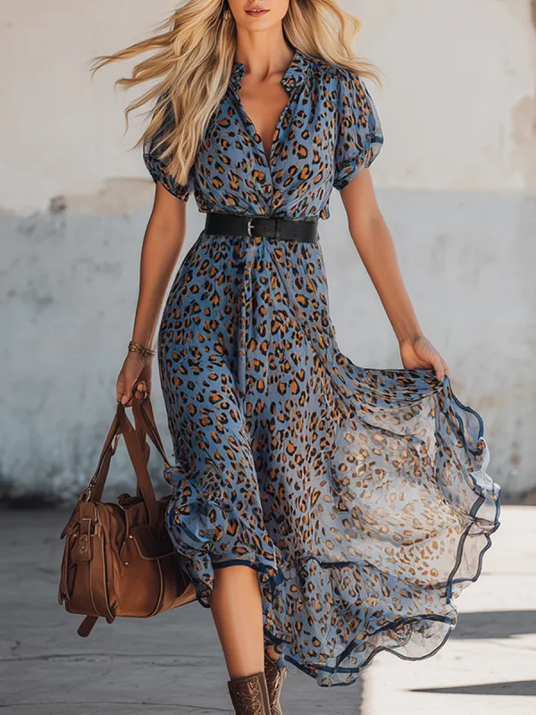 Stylish Retro Blue Leopard Print Chiffon Midi Dress sold by Oyrosy