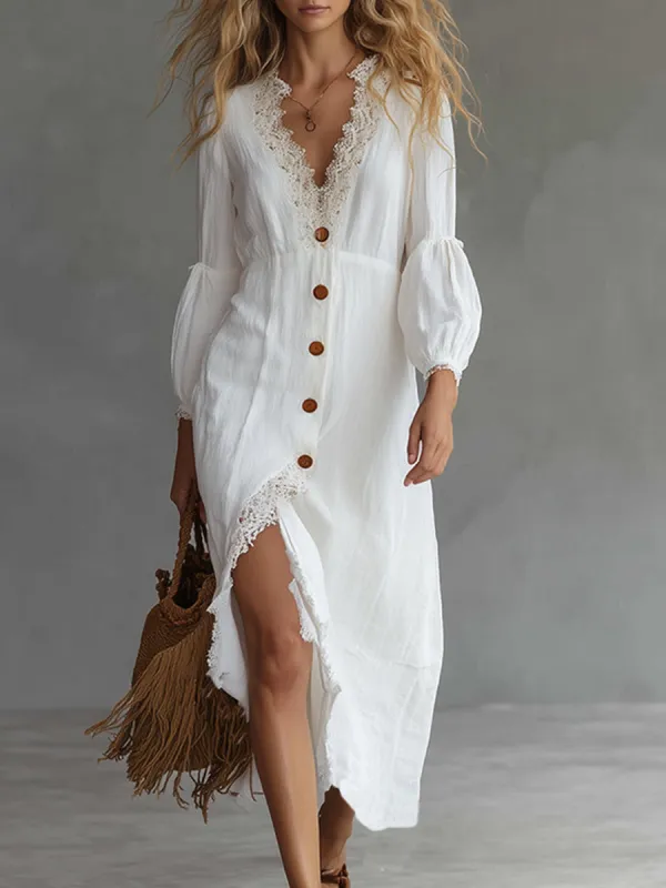 Elegant And Casual Lace Trim White Cotton And Linen Midi Dress sold by Oyrosy