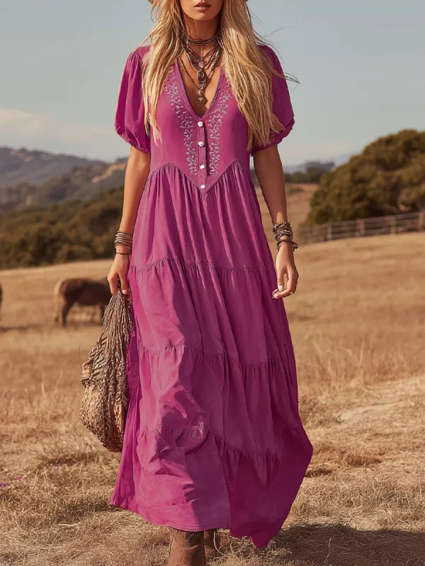 V-neck Button-down Faux Suede Short-sleeved Maxi Dress sold by Oyrosy