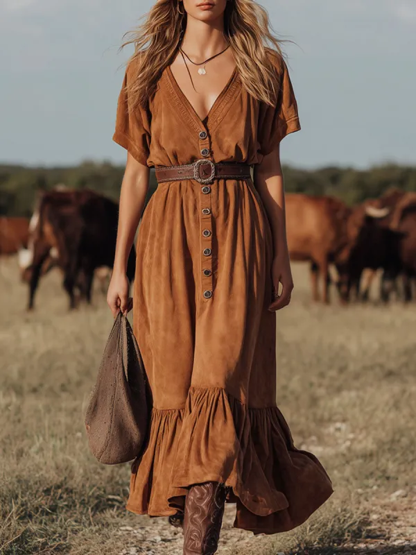 V-neck Button-down Faux Suede Ruffle Short-sleeved Maxi Dress sold by Oyrosy