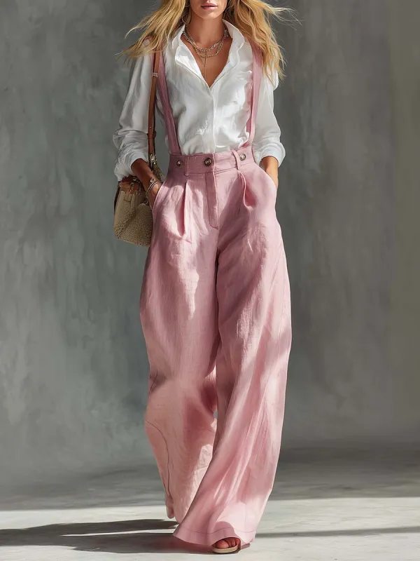 Elegant Vintage Versatile Pink Cotton And Linen Wide-leg Pants Overalls sold by Oyrosy