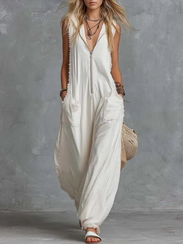 Vintage Casual Western Hooded V-neck Front Zip Lace Trim White Cotton Jumpsuit sold by Oyrosy