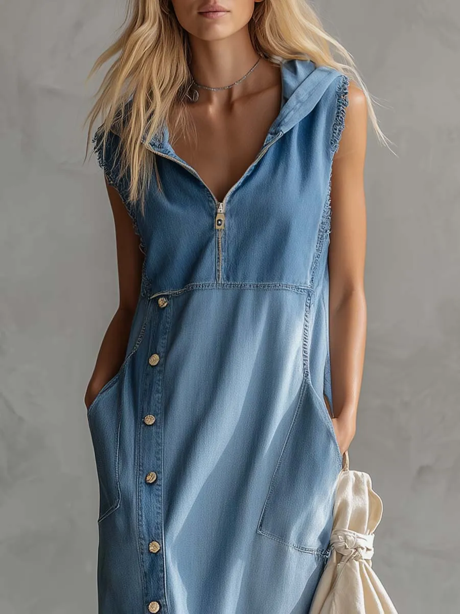 Exquisite Vintage Casual Hooded V-neck Zipper Side Slits Buttons Blue Denim Midi Dress sold by Oyrosy product image thumbnail 3