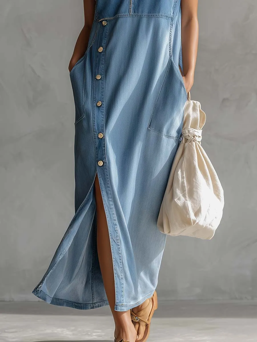 Exquisite Vintage Casual Hooded V-neck Zipper Side Slits Buttons Blue Denim Midi Dress sold by Oyrosy product image thumbnail 4