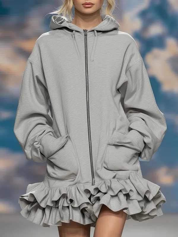 Casual Sporty Grey Ruffled Hooded Mini Dress sold by Oyrosy