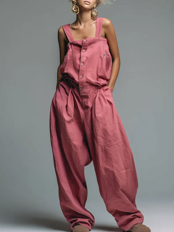 Casual Loose Gray-pink Cotton Linen Jumpsuit Overalls sold by Oyrosy