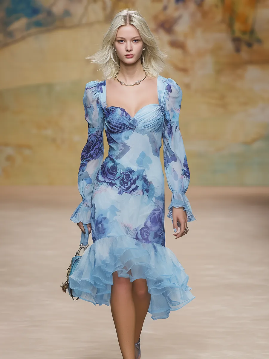 Vintage And Elegant Printed Chiffon Long-sleeved Midi Dress sold by Oyrosy product image thumbnail 2