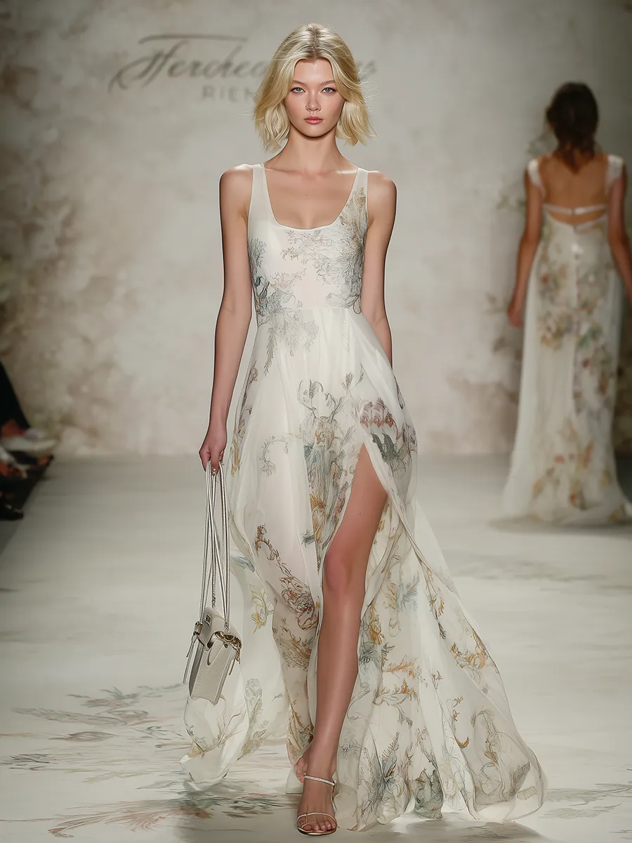 Elegant And Charming Square Neckline Slit Chiffon Maxi Dress sold by Oyrosy product image thumbnail 2