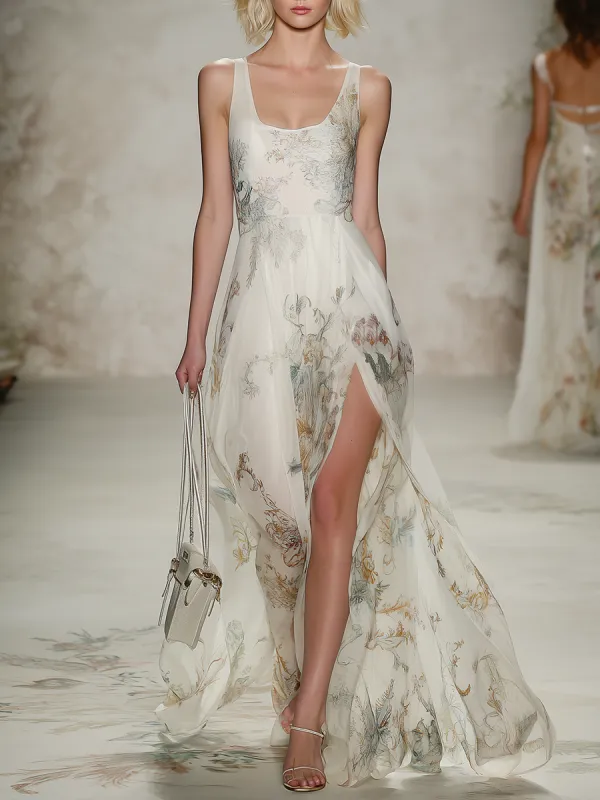 Elegant And Charming Square Neckline Slit Chiffon Maxi Dress sold by Oyrosy