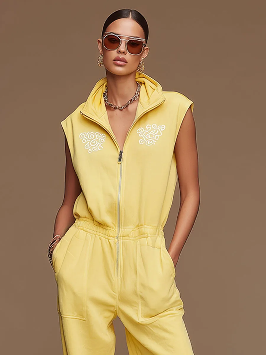 Casual Retro Embroidered Yellow Sleeveless Jumpsuit sold by Oyrosy product image thumbnail 3
