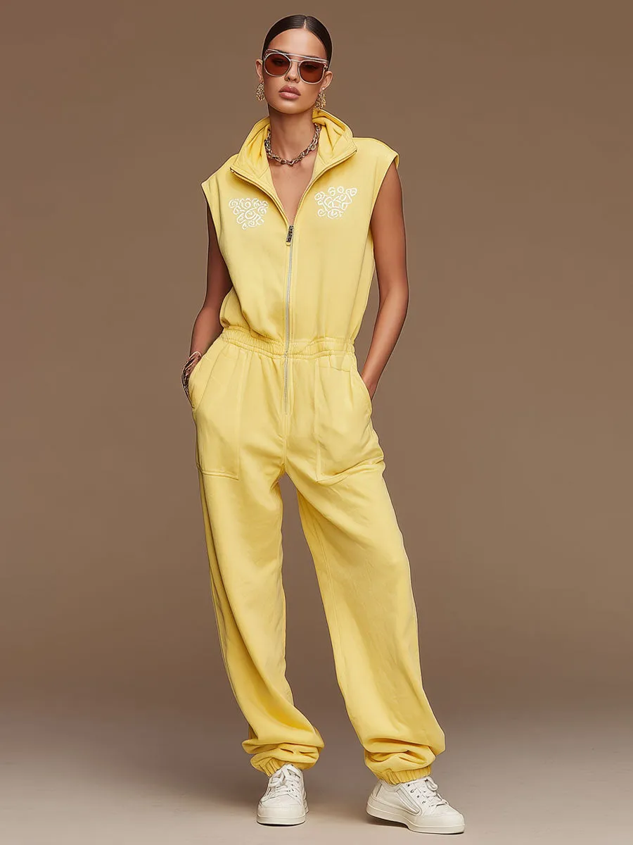 Casual Retro Embroidered Yellow Sleeveless Jumpsuit sold by Oyrosy product image thumbnail 2