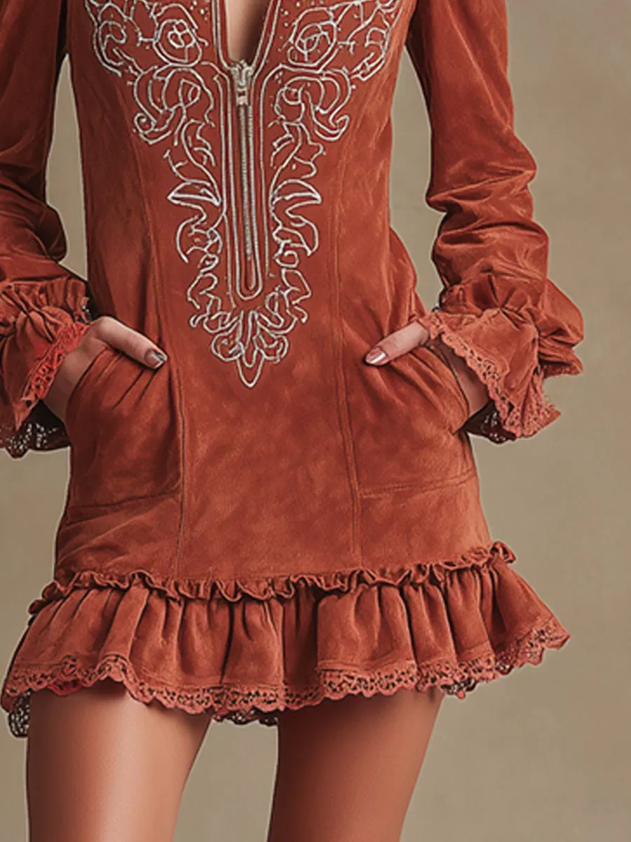Western-style Retro Lace Embroidery Brick Red Faux Suede Ruffled Mini Dress sold by Oyrosy product image thumbnail 4