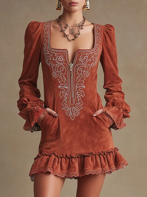 Western-style Retro Lace Embroidery Brick Red Faux Suede Ruffled Mini Dress sold by Oyrosy