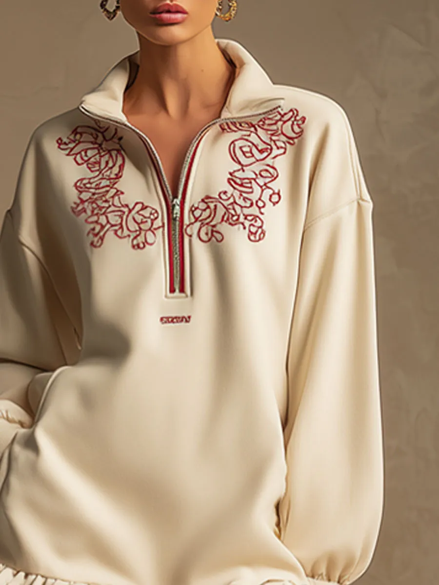 Retro Sporty Embroidered Light Khaki Long-sleeved Half-zip Ruffle Mini Dress sold by Oyrosy product image thumbnail 3