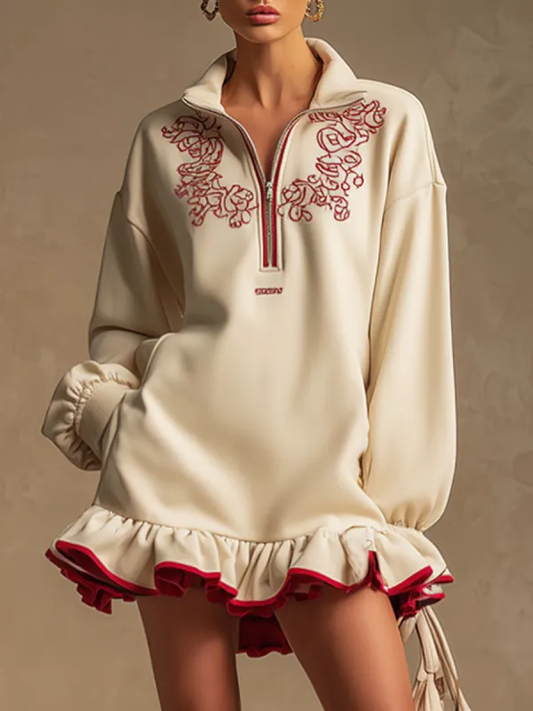 Retro Sporty Embroidered Light Khaki Long-sleeved Half-zip Ruffle Mini Dress sold by Oyrosy