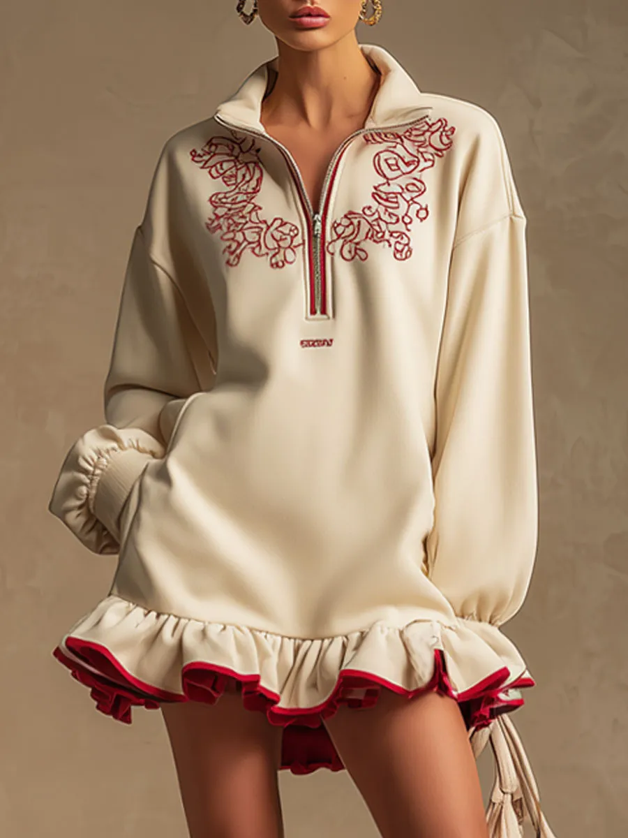 Retro Sporty Embroidered Light Khaki Long-sleeved Half-zip Ruffle Mini Dress sold by Oyrosy