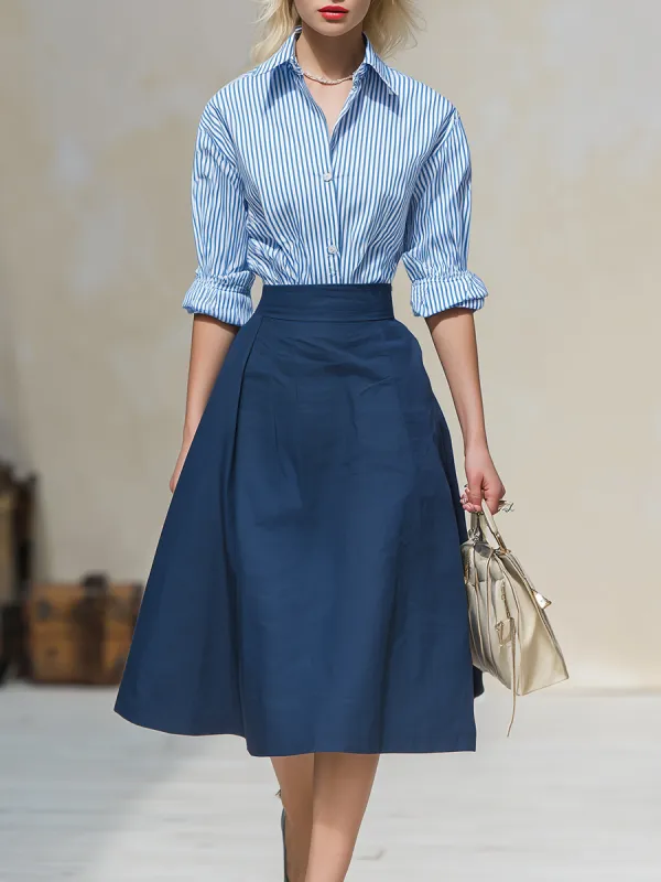 Vintage-style Casual Chiffon Shirt And Cotton-linen Skirt Set sold by Oyrosy
