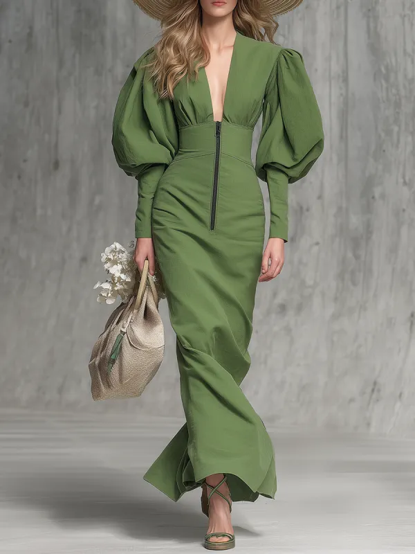 Elegant And Stylish Puff-sleeved V-neck Zip-up Green Maxi Dress sold by Oyrosy