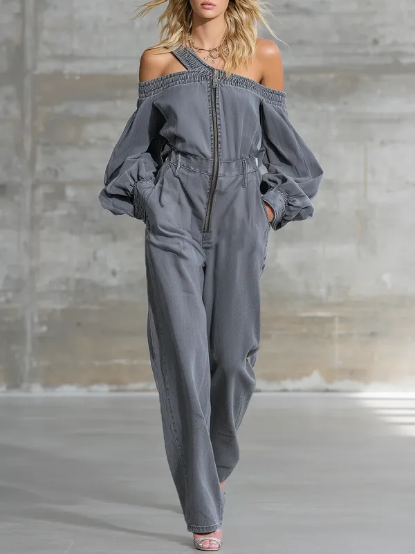 Stylish And Sophisticated Cut-out Neckline Grey Wide-leg Jumpsuit sold by Oyrosy