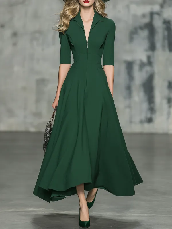 Elegant And Sophisticated Half-zip Short-sleeved Green A-line Maxi Dress sold by Oyrosy