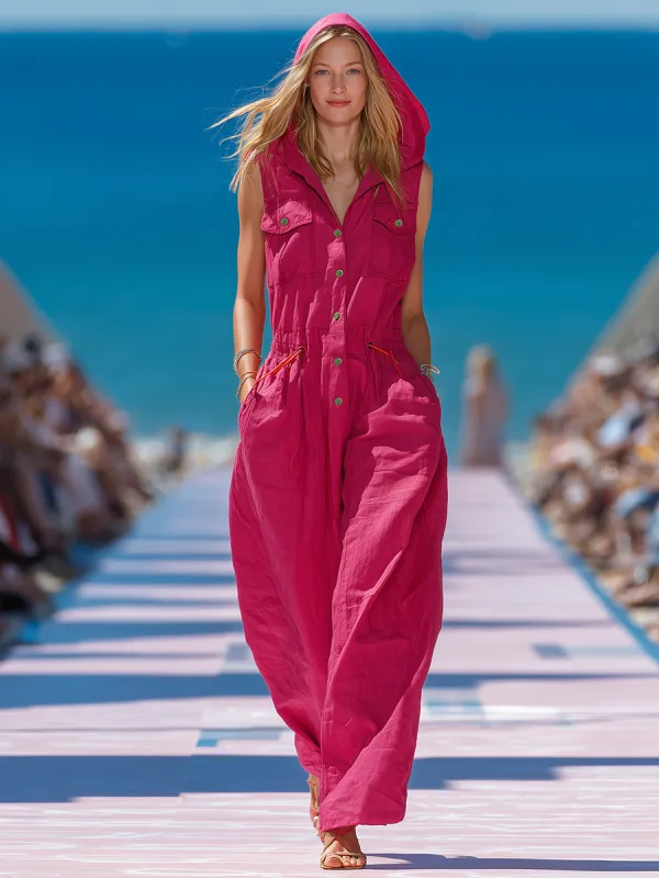 Loose And Stylish Hooded Wide-leg Cotton Sleeveless Jumpsuit sold by Oyrosy