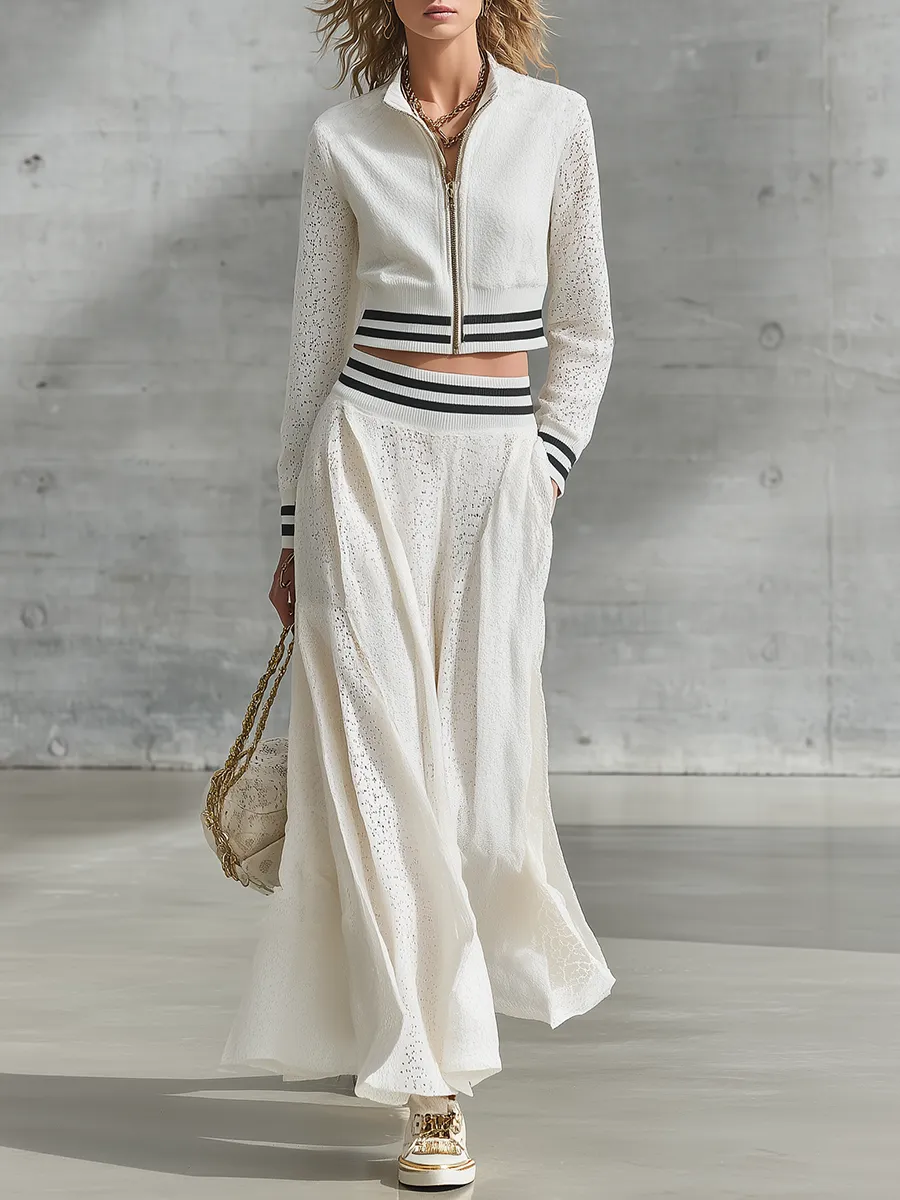 Elegant And Sporty White Lace Jacket And Skirt Set sold by Oyrosy
