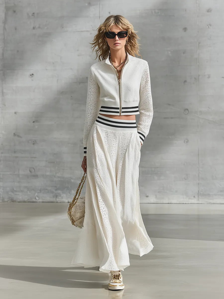 Elegant And Sporty White Lace Jacket And Skirt Set sold by Oyrosy product image thumbnail 2