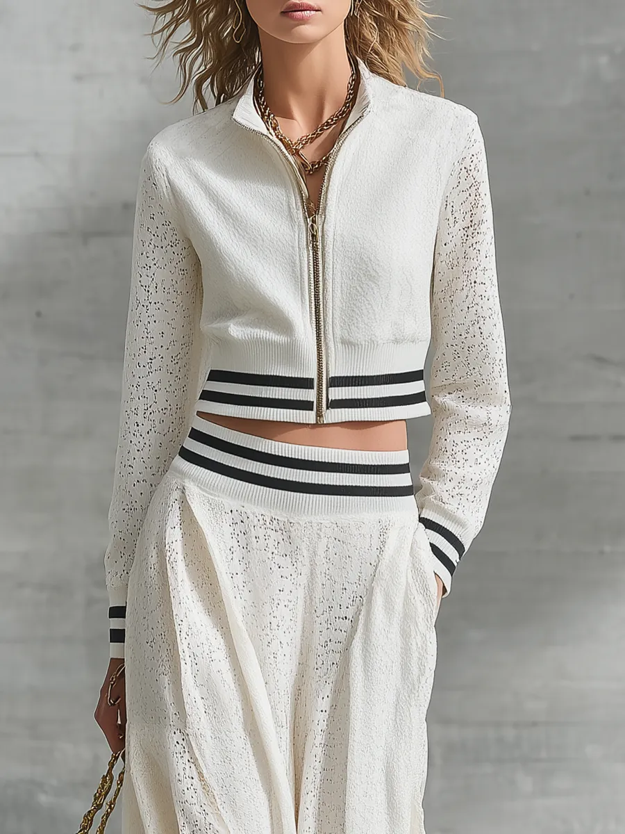 Elegant And Sporty White Lace Jacket And Skirt Set sold by Oyrosy product image thumbnail 3