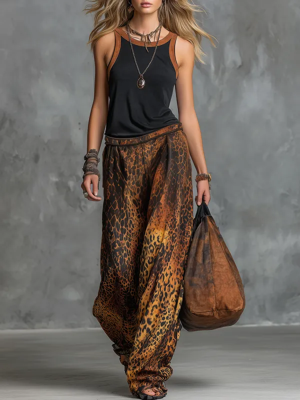 Retro Street Style Color-blocked Trim Faux Suede Camis And Leopard Print Wide-leg Pants Set made by Oyrosy