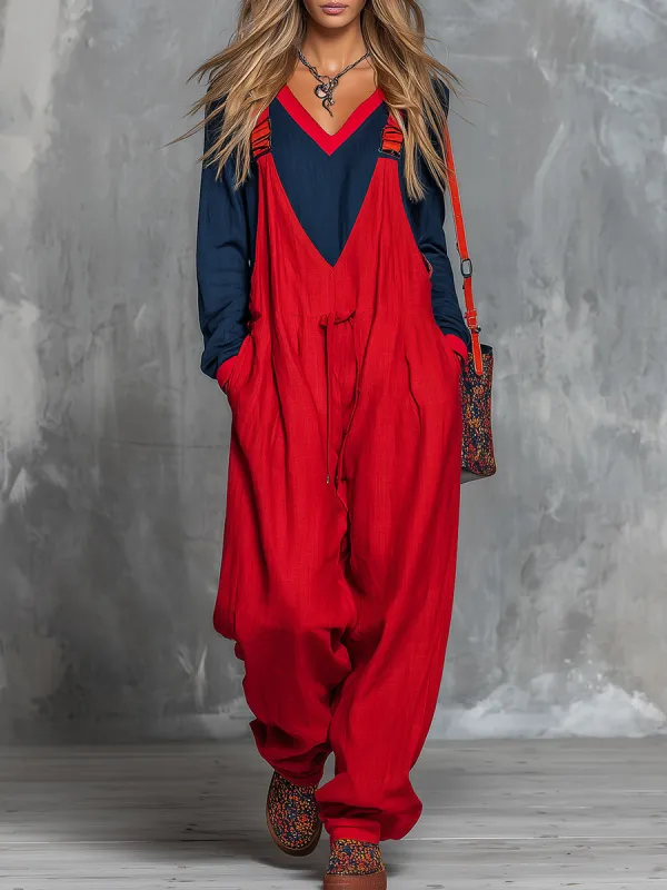 Retro Bohemian Style Color-blocked Cotton And Linen Top And Overalls Set sold by Oyrosy