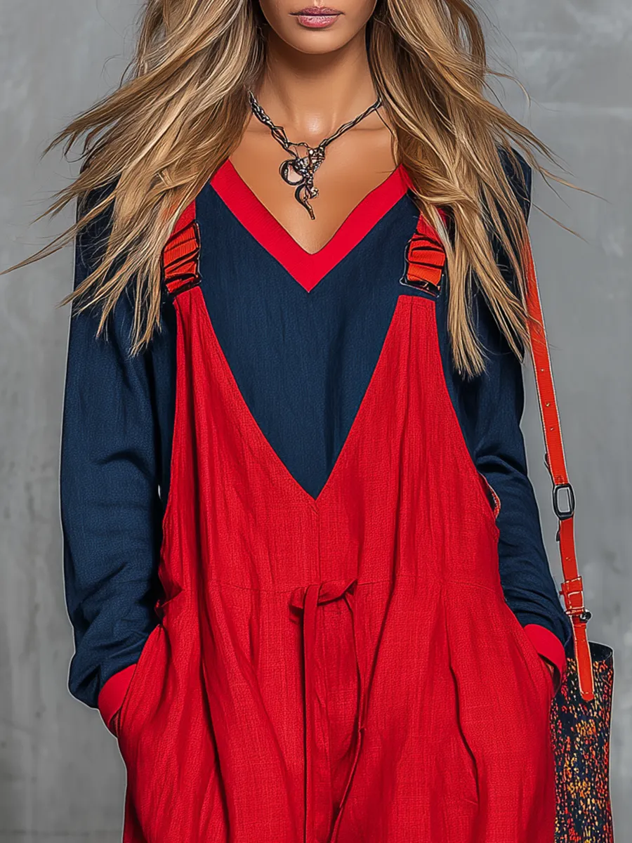 Retro Bohemian Style Color-blocked Cotton And Linen Top And Overalls Set sold by Oyrosy product image thumbnail 3