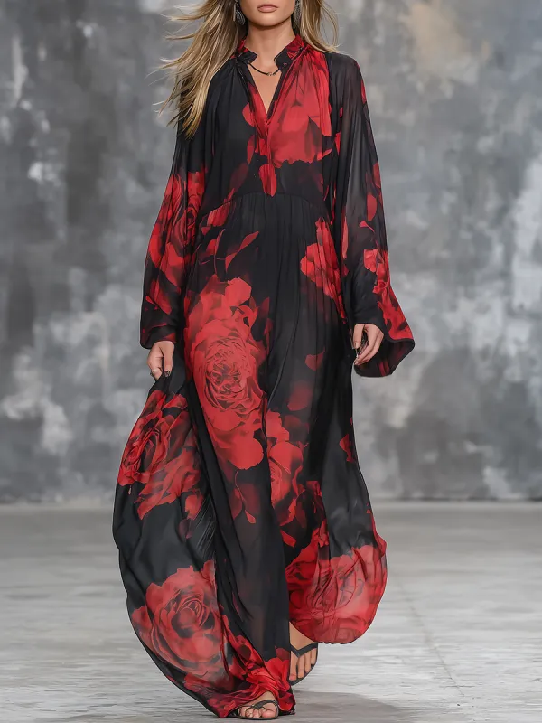 Vintage-style Oversized Floral Print Chiffon Maxi Dress sold by Oyrosy