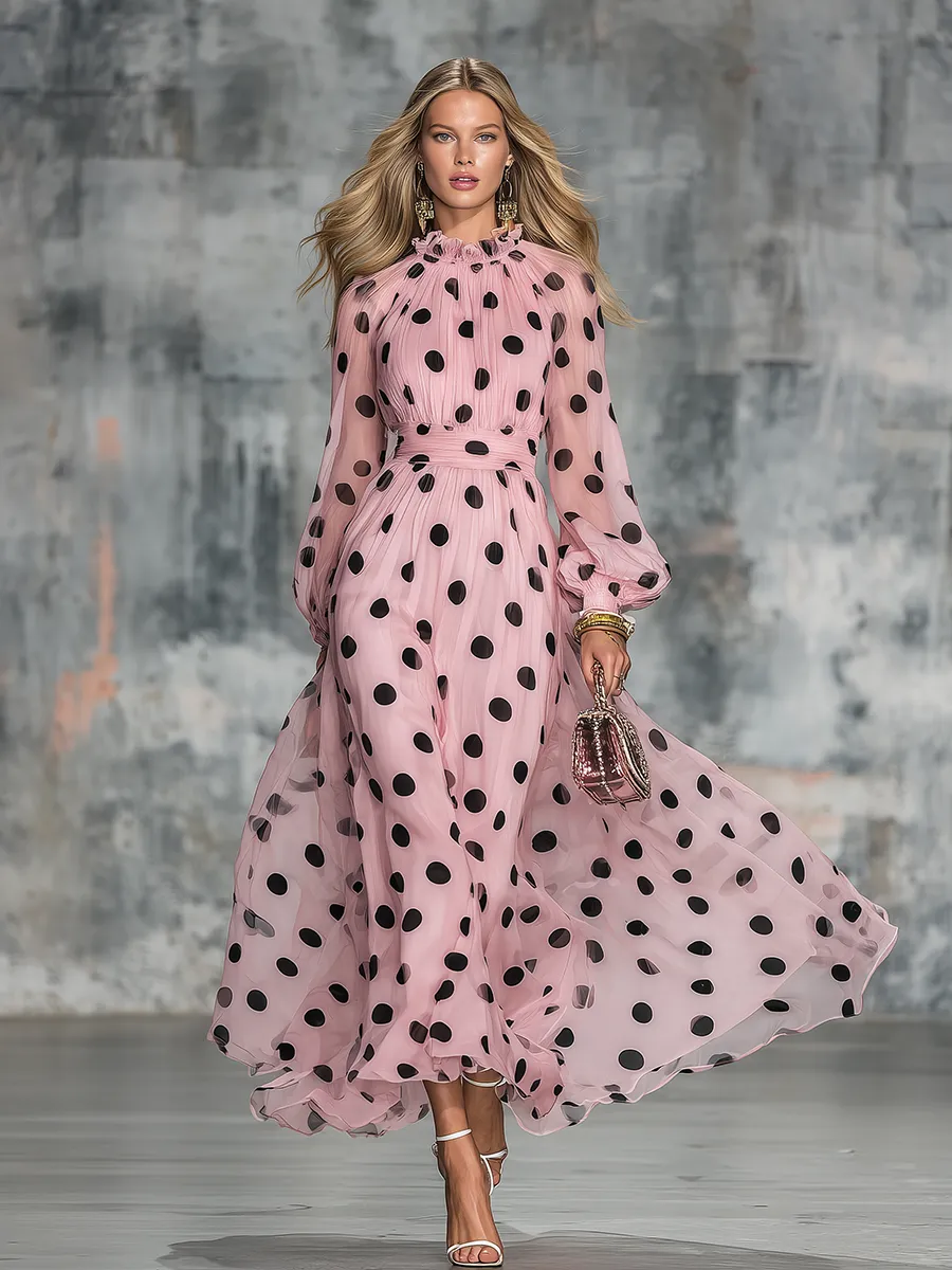 Elegant Vintage Polka Ruffled Stand Collar Dot Print Chiffon Midi Dress sold by Oyrosy product image thumbnail 2